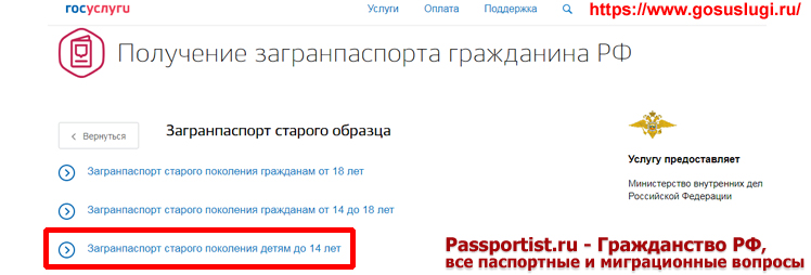 Загранпаспорт старого образца ребенку до 14 лет через Госуслуги